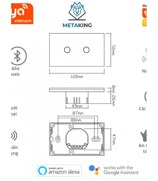 Công Tắc Cảm Ứng Wifi Tuya Smart life 2 Nút -2000W | ⓿❾❼❼❹❼❽❹❻❻ | METAKING
