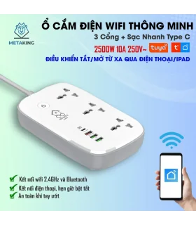 Ổ Cắm Điện Wifi Thông Minh, 3 Chấu + Sạc Nhanh Type C 30W, Cài Đặt Hẹn Giờ, Điều Khiển Từ Xa Qua App