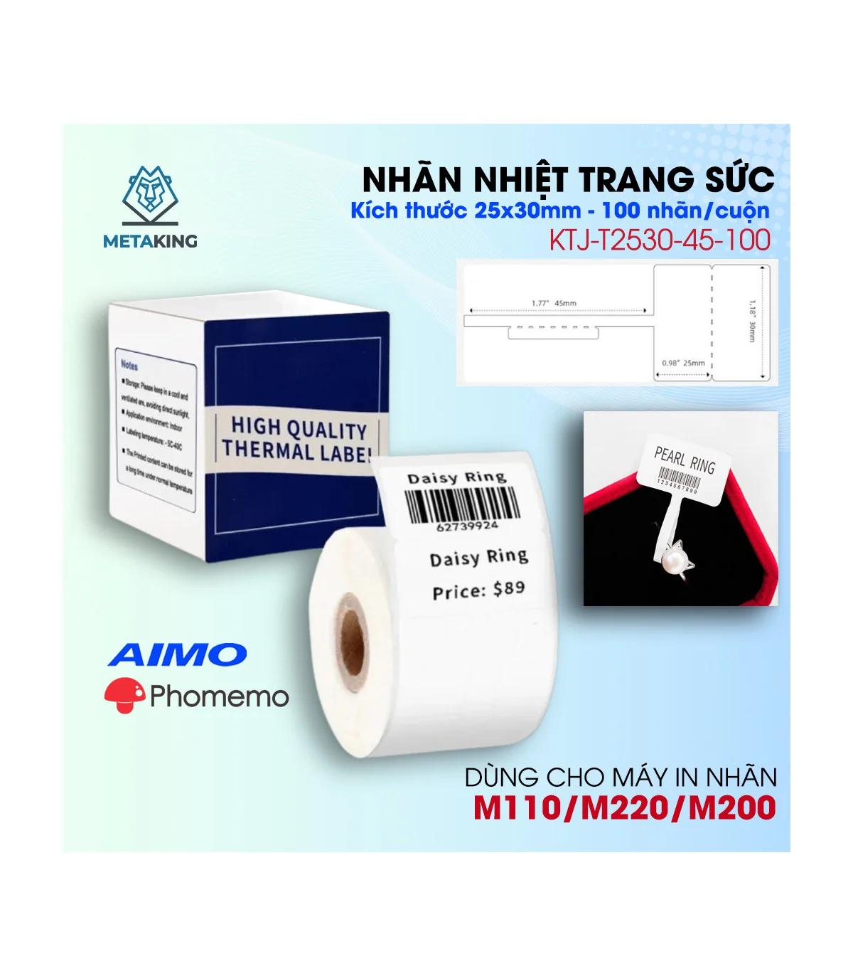 Nhãn Trang Sức 25 X 30mm, Màu Trắng, KTJ-T2530-45-100 | ⓿❾❼❼❹❼❽❹❻❻ | METAKING