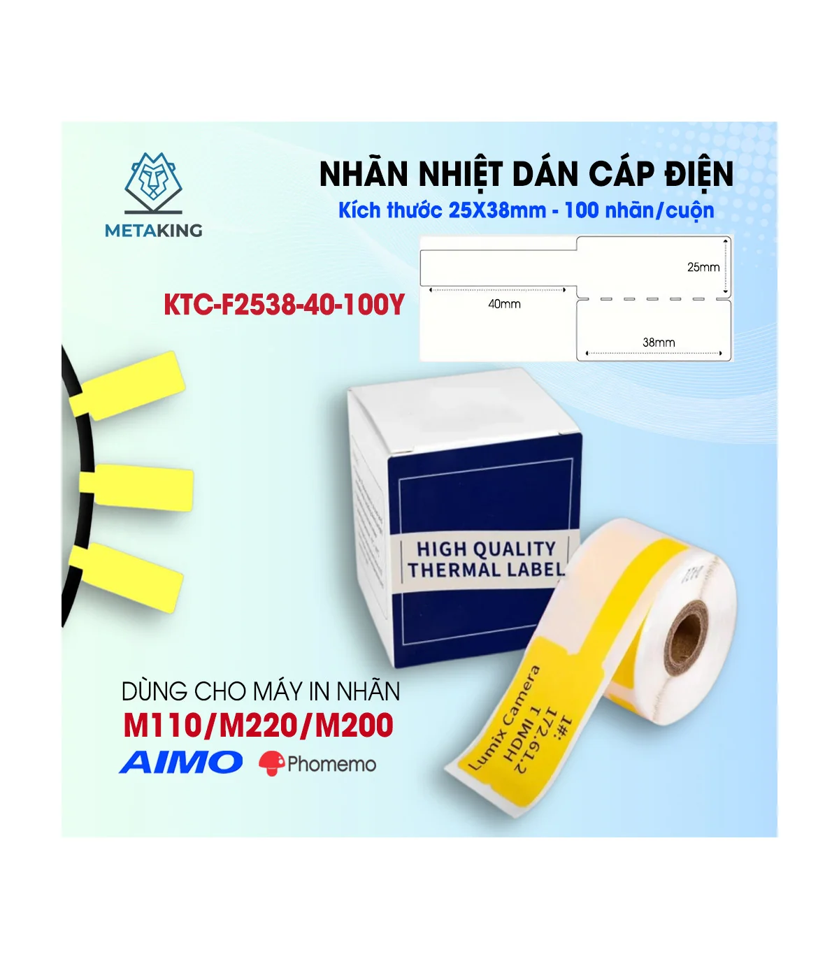 Nhãn Cáp 25 X 38mm, Màu Vàng, KTC-F2538-40-100YL | ⓿❾❼❼❹❼❽❹❻❻ | METAKING