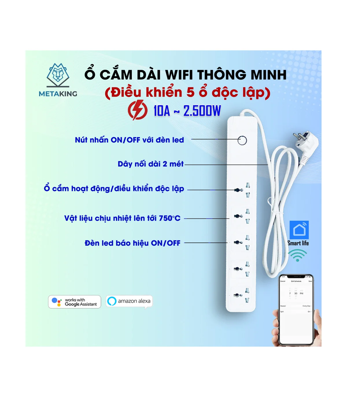 Ổ Cắm Dài Thông Minh Wifi TUYA 5 Ổ 3 Chấu, điều khiển độc lập app Tuya Smart Life, Hẹn giờ Bật Tắt | ⓿❾❼❼❹❼❽❹❻❻ | METAKING