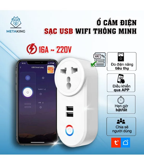 Ổ cắm điện Wifi / Sạc nhanh USB A Tuya 16A-3500W - Hẹn Giờ bật/tắt - Điều Khiển Từ Xa Qua Ứng Dụng SmartLife | ⓿❾❼❼❹❼❽❹❻❻ | METAKING