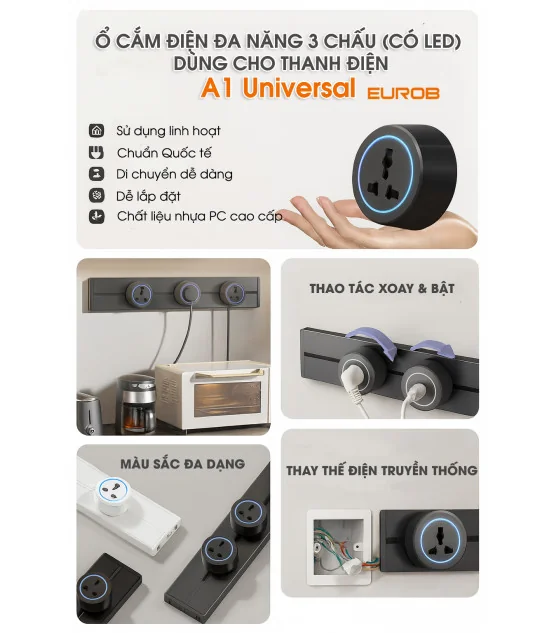 Ổ Cắm Đơn Eurob A1 Universal I Đen I BH 2 Năm | ⓿❾❼❼❹❼❽❹❻❻ | METAKING