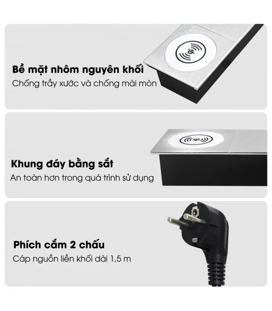 Ổ cắm điện âm bàn cao cấp MK102SB - Sạc ko dây 15W, 3 ổ cắm, 2 cổng sạc USC A/C, 1 Lan & 1 HDMI | ⓿❾❼❼❹❼❽❹❻❻ | METAKING