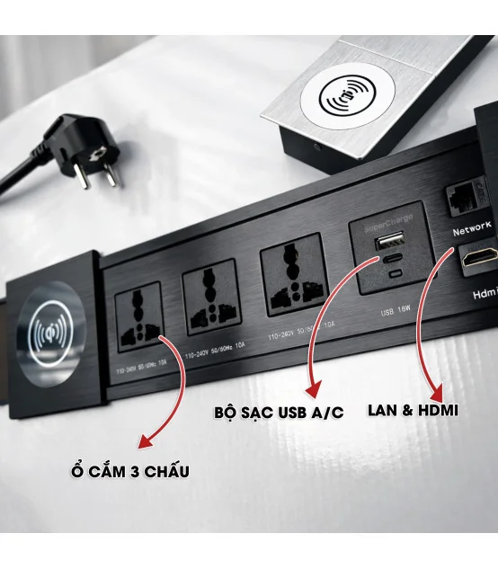 Ổ cắm điện âm bàn cao cấp MK102SB - Sạc ko dây 15W, 3 ổ cắm, 2 cổng sạc USC A/C, 1 Lan & 1 HDMI | ⓿❾❼❼❹❼❽❹❻❻ | METAKING