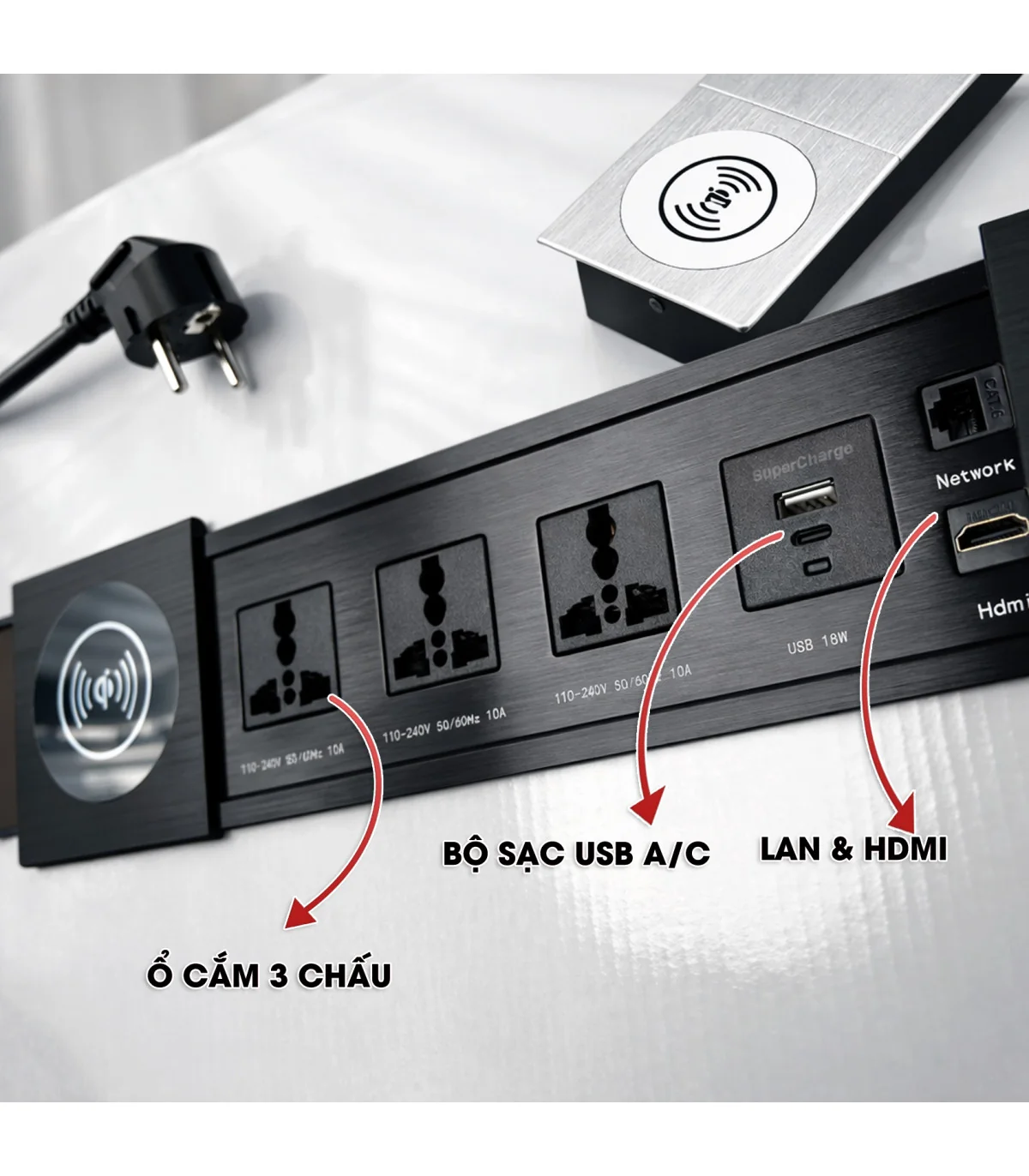 Ổ cắm điện âm bàn cao cấp MK102SB - Sạc ko dây 15W, 3 ổ cắm, 2 cổng sạc USC A/C, 1 Lan & 1 HDMI | ⓿❾❼❼❹❼❽❹❻❻ | METAKING