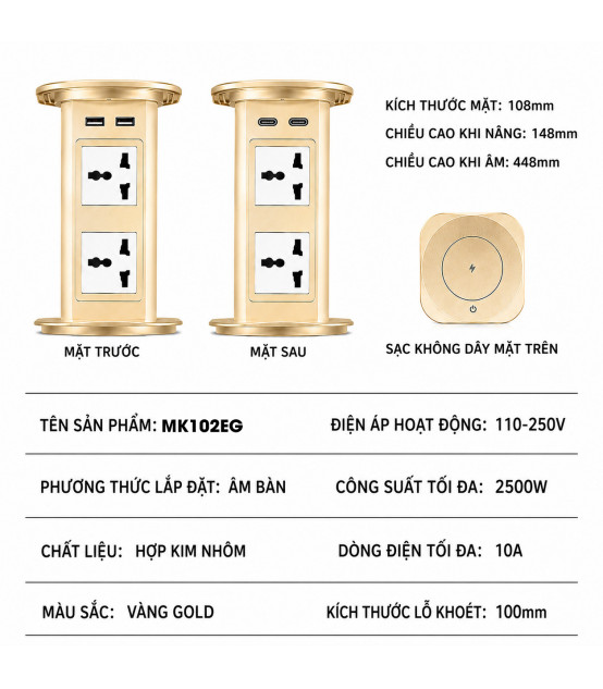 MK102EG Ổ Cắm Điện Âm Bàn Tích Hợp Sạc Không Dây 15W  - 04 Cổng Cắm - 02 USB A/C | ⓿❾❼❼❹❼❽❹❻❻ | METAKING