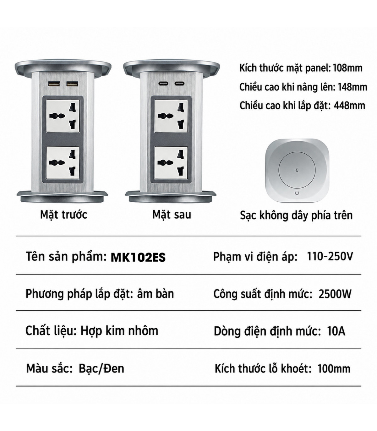 MK102ES Ổ Cắm Điện Âm Bàn Tích Hợp Sạc Không Dây 15W  - 04 Cổng Cắm - 02 USB A/C | ⓿❾❼❼❹❼❽❹❻❻ | METAKING