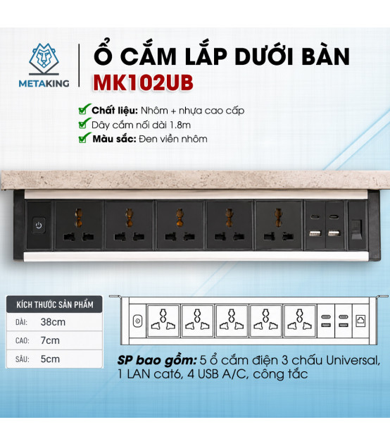Ổ cắm điện lắp dưới bàn (hoặc trên tường) cao cấp Meta MK102UB | ⓿❾❼❼❹❼❽❹❻❻ | METAKING