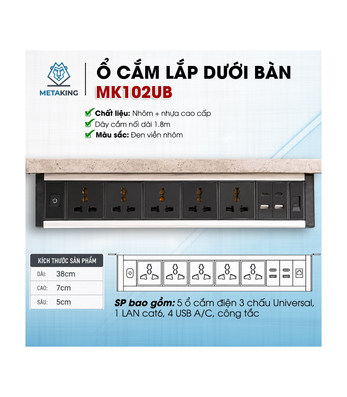Ổ cắm điện lắp dưới bàn (hoặc trên tường) cao cấp Meta MK102UB | ⓿❾❼❼❹❼❽❹❻❻ | METAKING