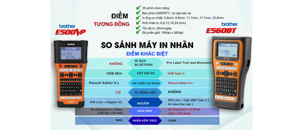 So Sánh Máy In Nhãn Brother PT-E560BTVP (Mới) và PT-E500VP (Đã Ngưng Sản Xuất)