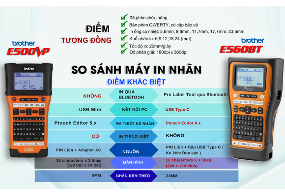 So Sánh Máy In Nhãn Brother PT-E560BTVP (Mới) và PT-E500VP (Đã Ngưng Sản Xuất)